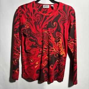 VTG Y2K AOP Fire Swirl Long Sleeve Top Womens S Grunge 90s Punk Goth 90s‎ 00s